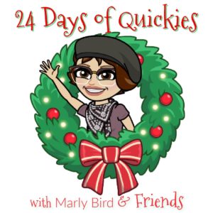 Cartoon image featuring a person wearing glasses, a beret, and a scarf, waving from inside a festive wreath adorned with red ornaments and a red bow. The text above reads "24 Days of Quickies" and below, "with Marly Bird & Friends," highlighting crochet gift ideas. -Marly Bird