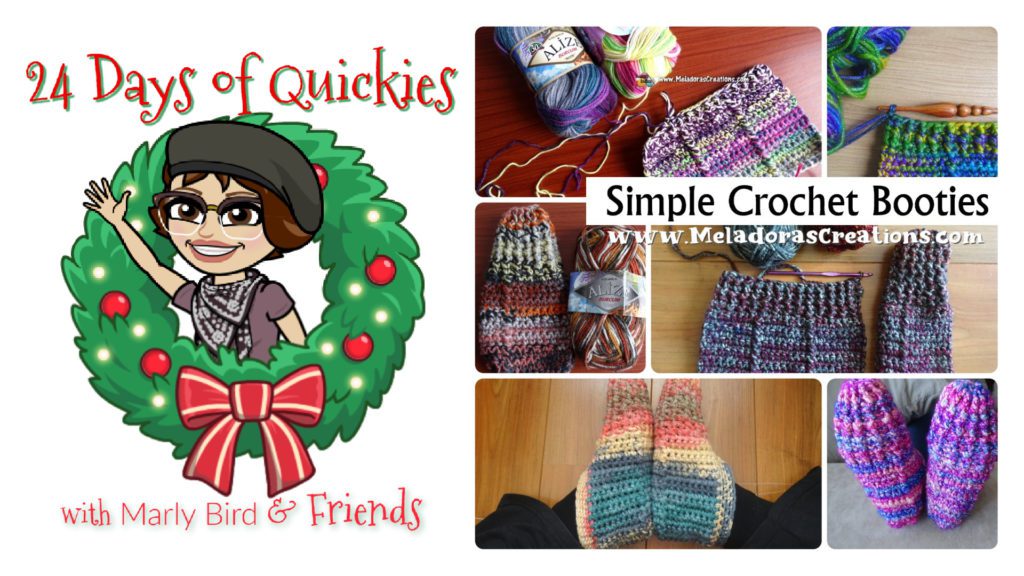 Cute crochet booties pattern. 6 image collage of various stages and colors in the making of the booties. A cozy crochet gift idea.