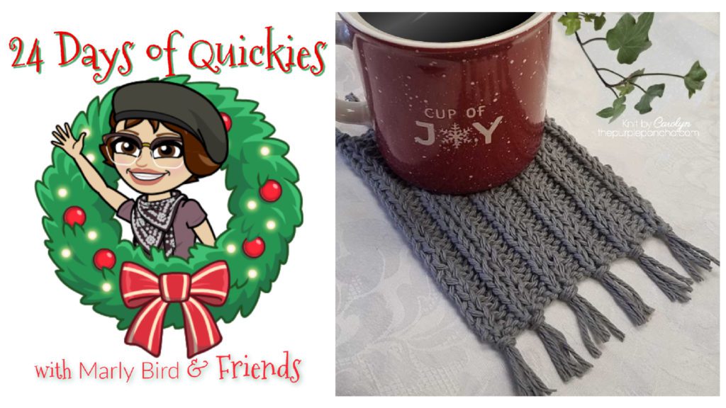 Knit rib mug rug in dark grey with tassels and red 'cup of joy' mug.