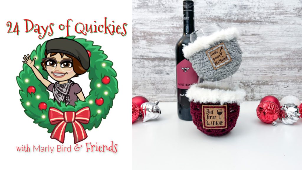 Fun, fuzzy stemless wine glass holder pattern. Shown in wine red and light grey with white fur edging, wine bottle, and baubles in red, silver, & white. A great crochet gift idea for the wine lovers in your life.