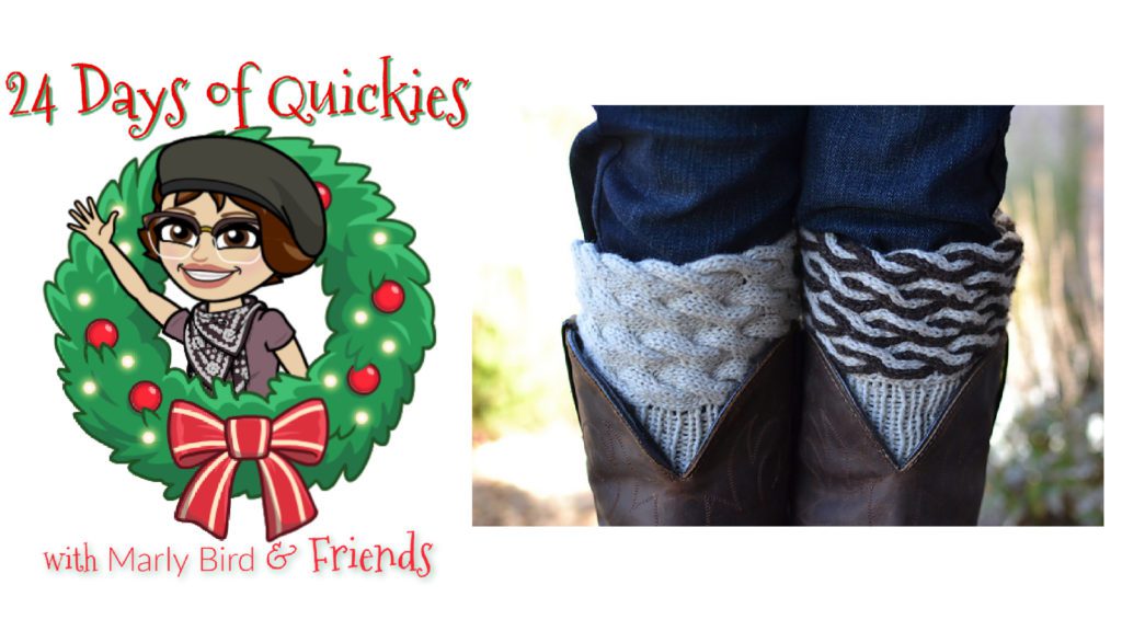 Boot cuffs in cream cables, and brown/cream cables, shown with cowboy boots & jeans.