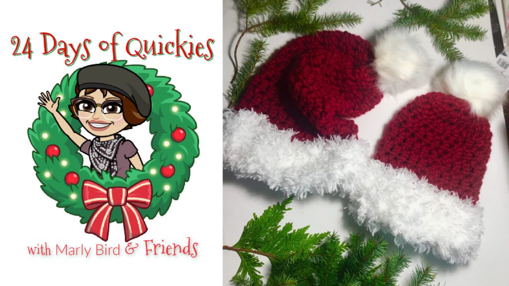 2 crochet Santa style hats in red with white fur band and pompom. A crochet gift idea for adults or kids.