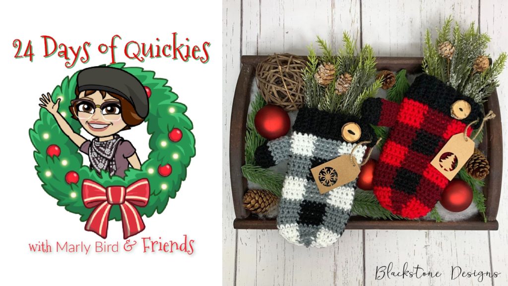 2 crochet mittens for gift cards on wood tray with Christmas greens - worked in Gingham stitch in white, grey, black, and red, dark red, black.