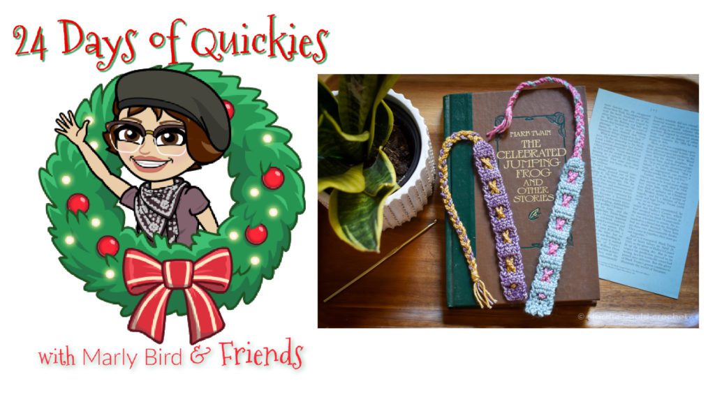 Crochet bookmark pattern, 2 bookmarks shown with book, paper, and potted plant. A crochet gift idea for avid readers.
