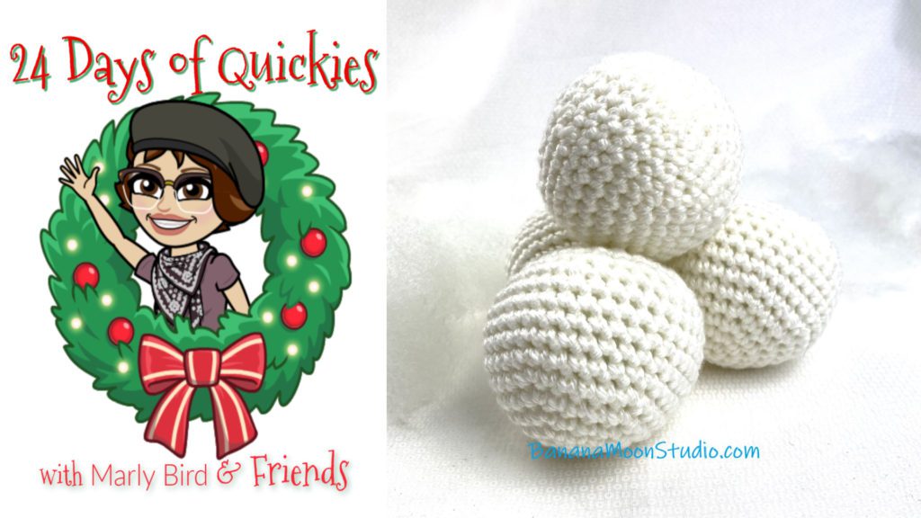 Crochet snowball pattern. 4 crochet snowballs shown stacked 1 on top of 3. A fun crochet gift idea!