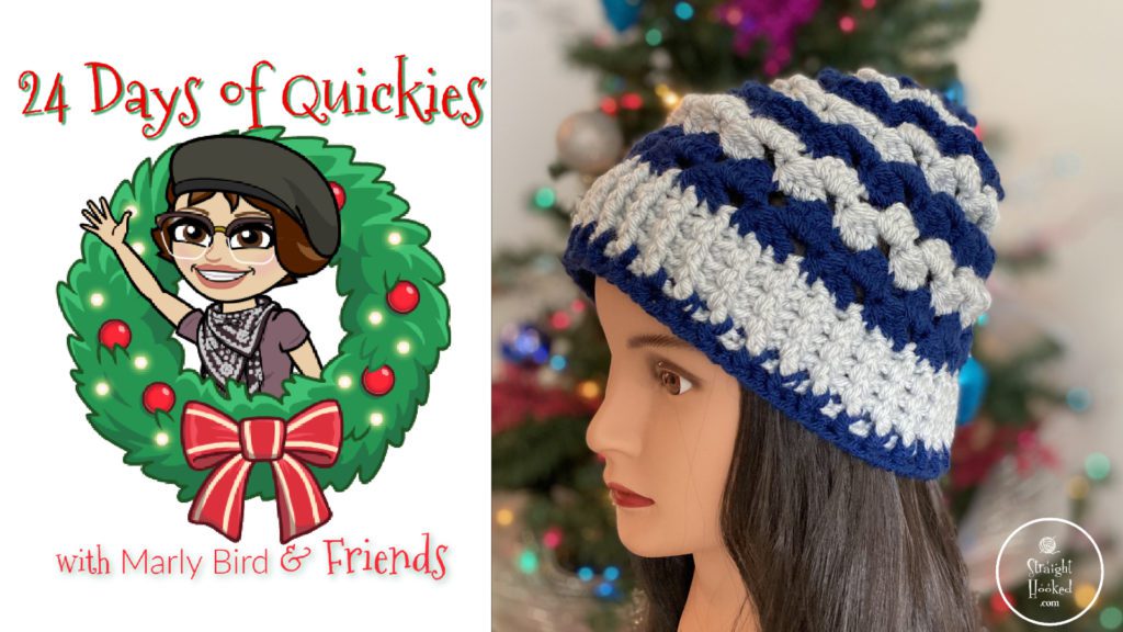 Blue and white crochet hat - striped with 2 different stitch patterns - on faux model with Christmas tree background.