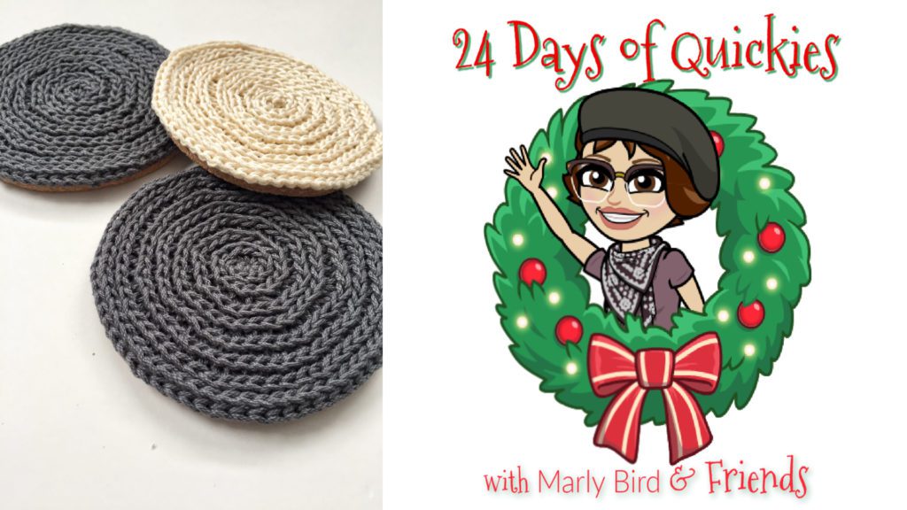 Spiral crochet coaster pattern (3 samples in dark grey and cream). Quick and simple crochet gift idea.