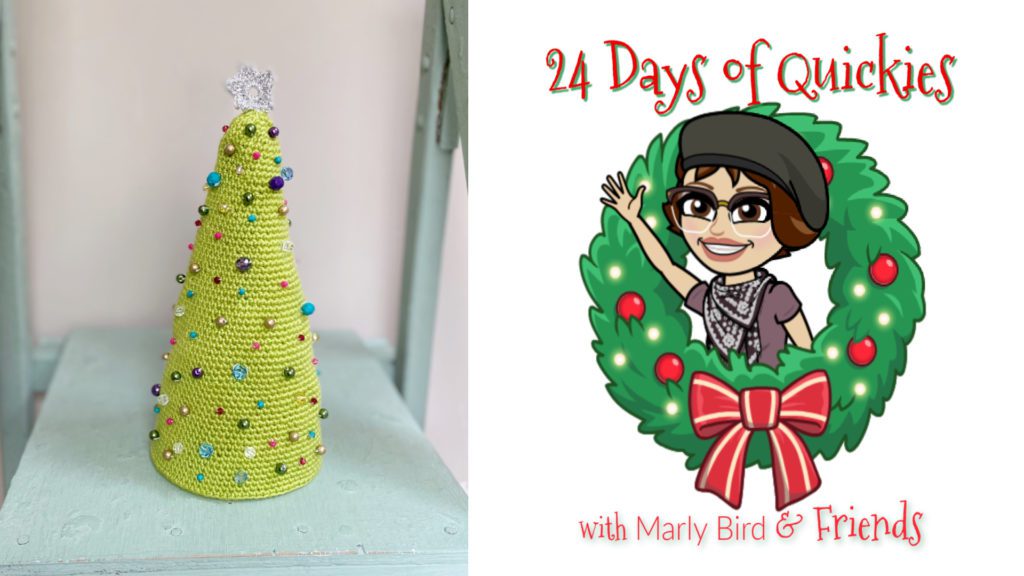 Crochet beaded Christmas tree pattern in lime green with various sizes and colors of beads and crochet star on top.