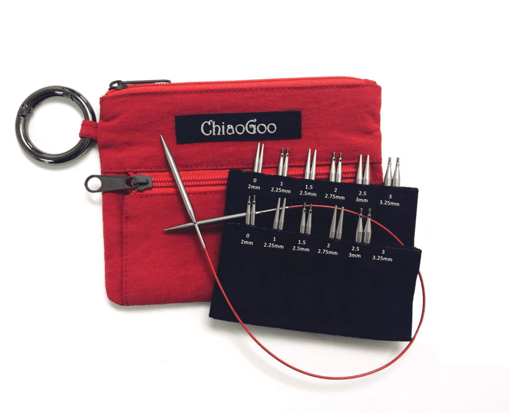 ChiaoGoo knitting needle set in red zippered case with black needle pocket.