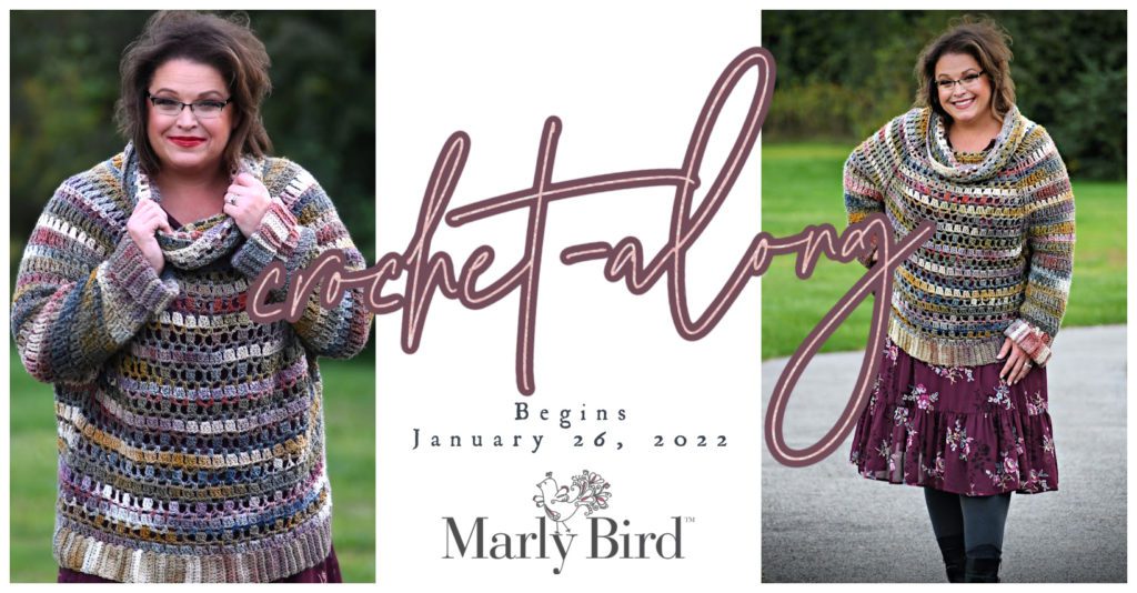 two images of Marly Bird wearing the cowl neck version of the Yarnspirations Swancho Crochet along for 2022. Words on the image say crochet-along begins january 26, 2022.