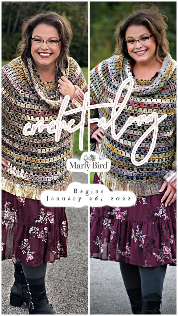 marly bird wearing the easy crochet swancho pattern. text that reads: crochet-along begins January 26, 2022. Marly Bird Logo 
