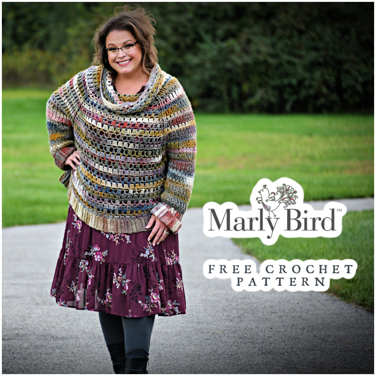 A woman stands outdoors smiling, wearing a colorful crochet swancho and floral skirt, with a logo that reads "marly bird free crochet pattern" in the corner. -Marly Bird