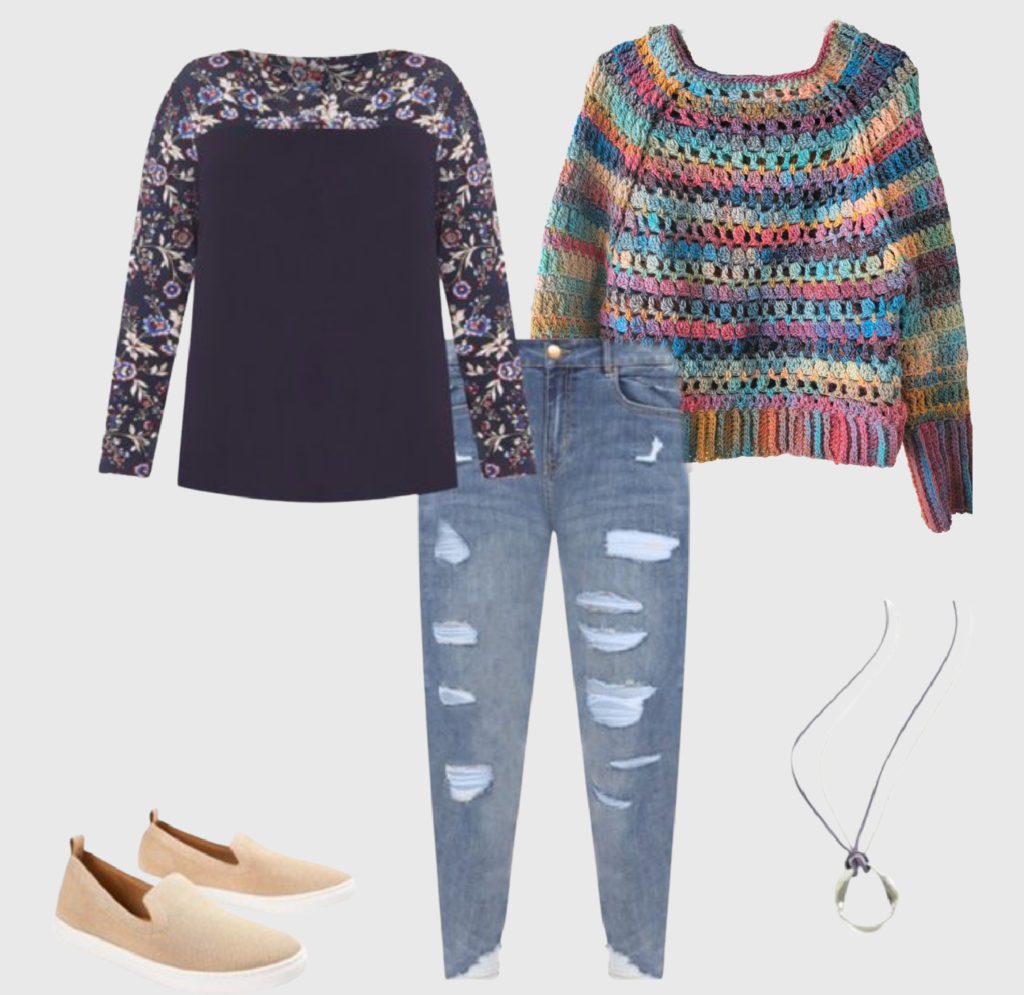 Styled outfit collage with 5 items including the crochet swancho with crew neck option. Yarnspirations swancho cal 2022
