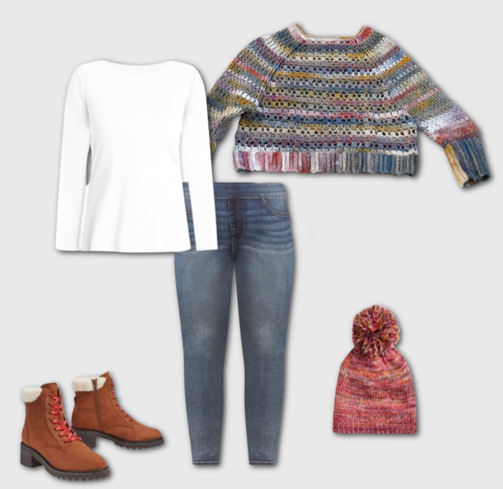 Styled outfit collage with 5 pieces including the crochet swancho with crew neck option of the yarnspirations swancho cal 2022.Marly Bird
