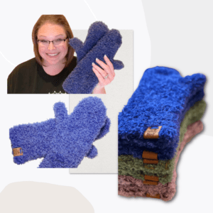 three images in total. First is of Marly Bird holding the fur real crochet mittens, the second is of the blue fur real crochet mittens laying flat, the third is of three pairs of fur real mittens in a stack.