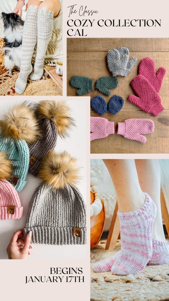 images of items inside the Classic Cozy Collection CAL - socks, mittens, hat, knee high socks. 
