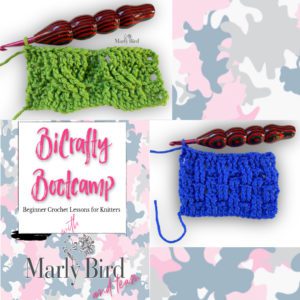 Promotional image for "Bicrafty Bootcamp: Beginner Crochet Lessons for Knitters" featuring two colorful crochet cables samples, green and blue, and a set of crochet hooks with a red-striped design. The background has a pastel camo pattern. -Marly Bird