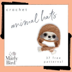 Promotional image featuring a crochet sloth hat on a beige background with text reading "crochet hats," the designer's name "marly bird," and "37 free patterns! -Marly Bird