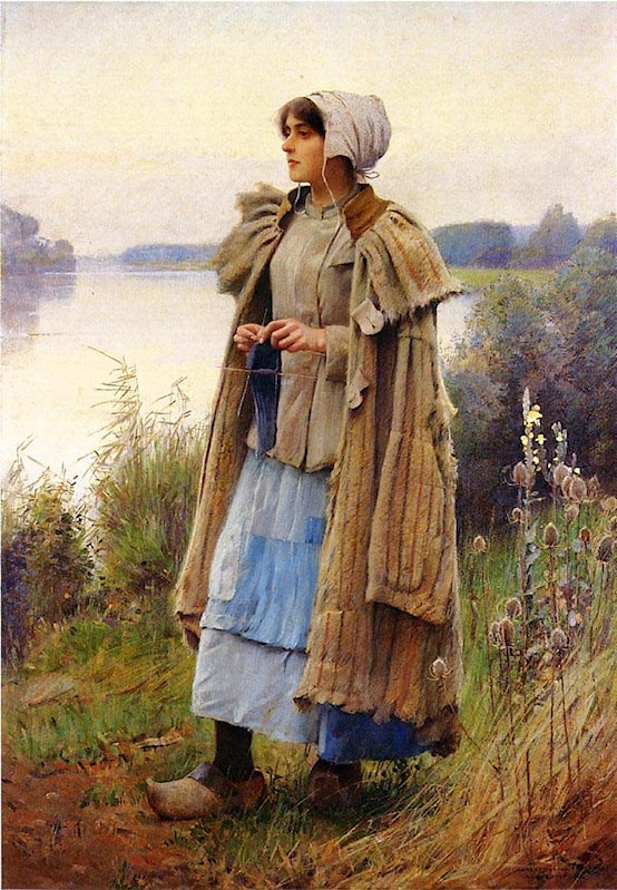 This painting by Charles Sprague Pearce is called "Knitting in the Fields."