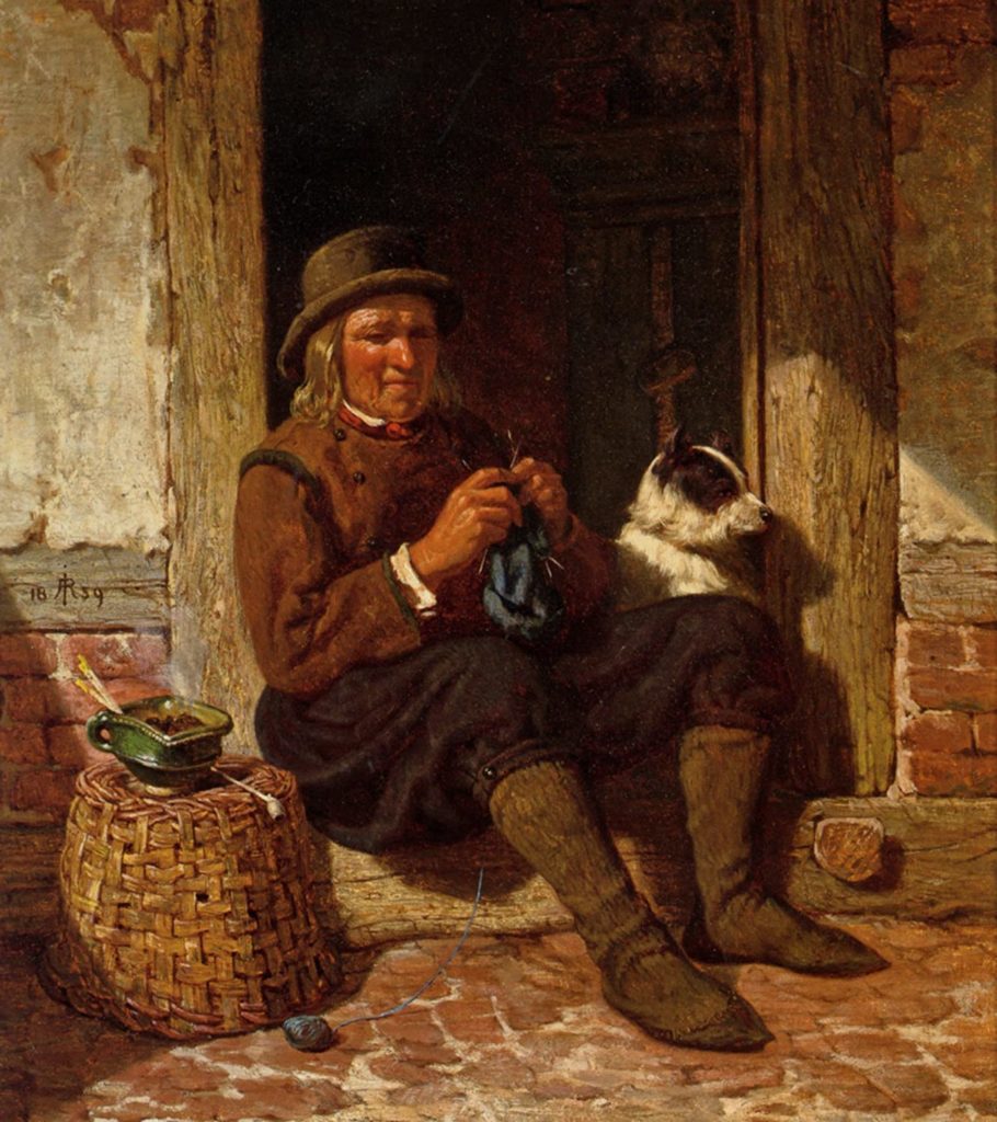rudolf jordan a mean seated in a doorway knitting