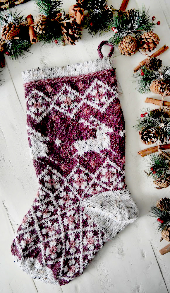 Knit Christmas stocking with reindeer and diamonds
