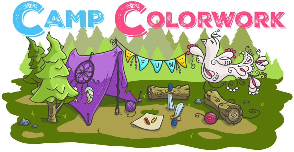 Illustration of "camp colorwork," featuring a whimsical scene with yarn-themed elements, including trees, a tent, and a unicorn performing Tunisian crochet to create colorful designs under a banner of flags. -Marly Bird