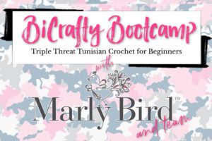 Promotional graphic for "bicrafty bootcamp: triple threat Tunisian crochet for beginners" featuring stylish text and a camouflage background, hosted by Marly Bird and team. -Marly Bird