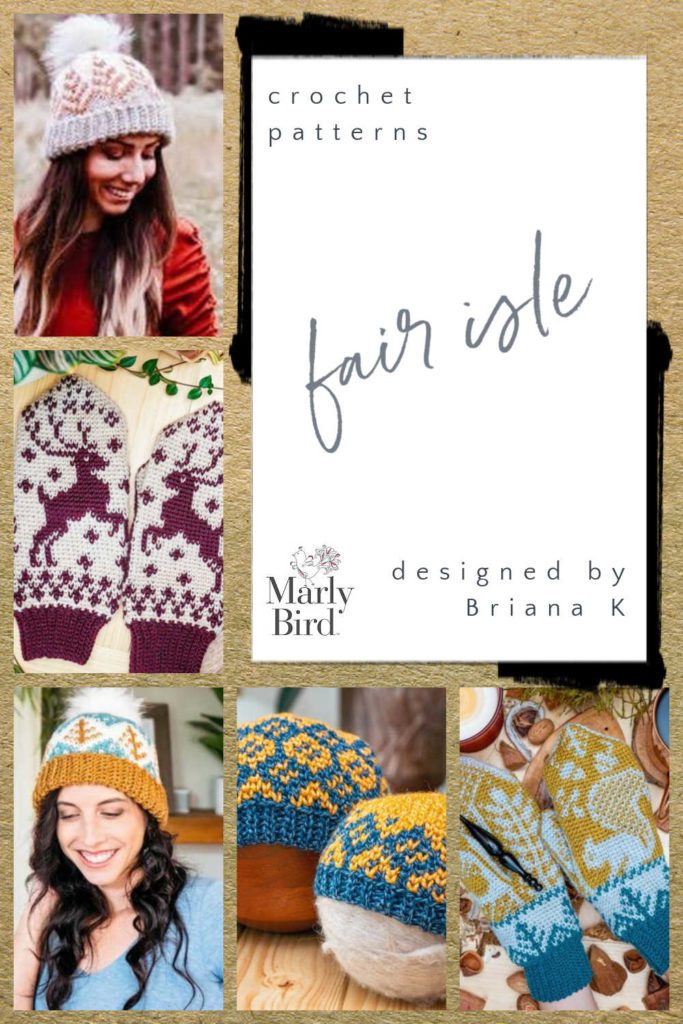 Collage of 5 Briana k crochet fair isle patterns: 3 hats and 2 pairs of mittens.