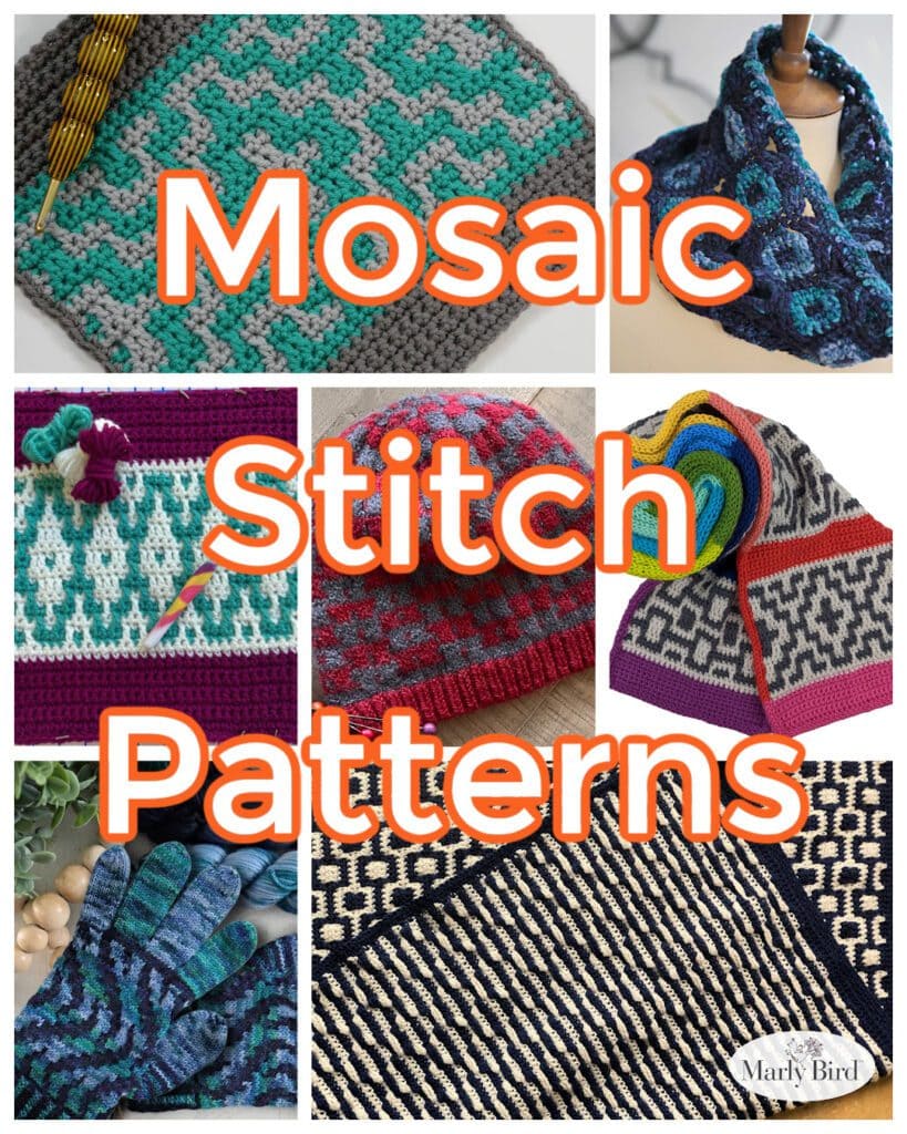 Collage showing colorful knit and crochet mosaic stitch projects: hats, scarves, gloves, and textured decor squares.