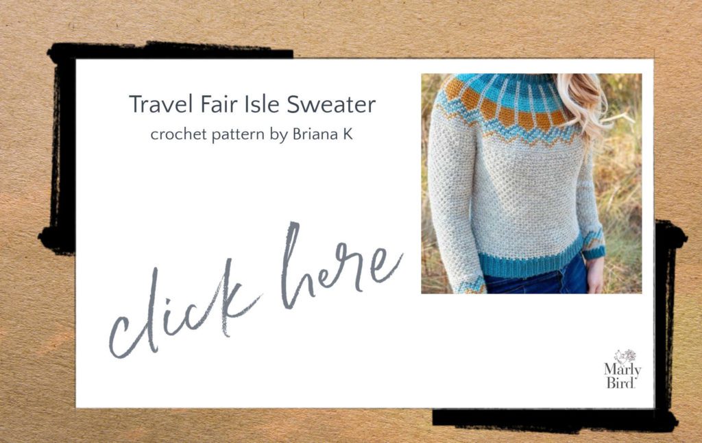 Light grey Crochet Fair Isle sweater, by Briana K, with patterned yoke and cuffs in 2 shades of blue and ochre color yarn.