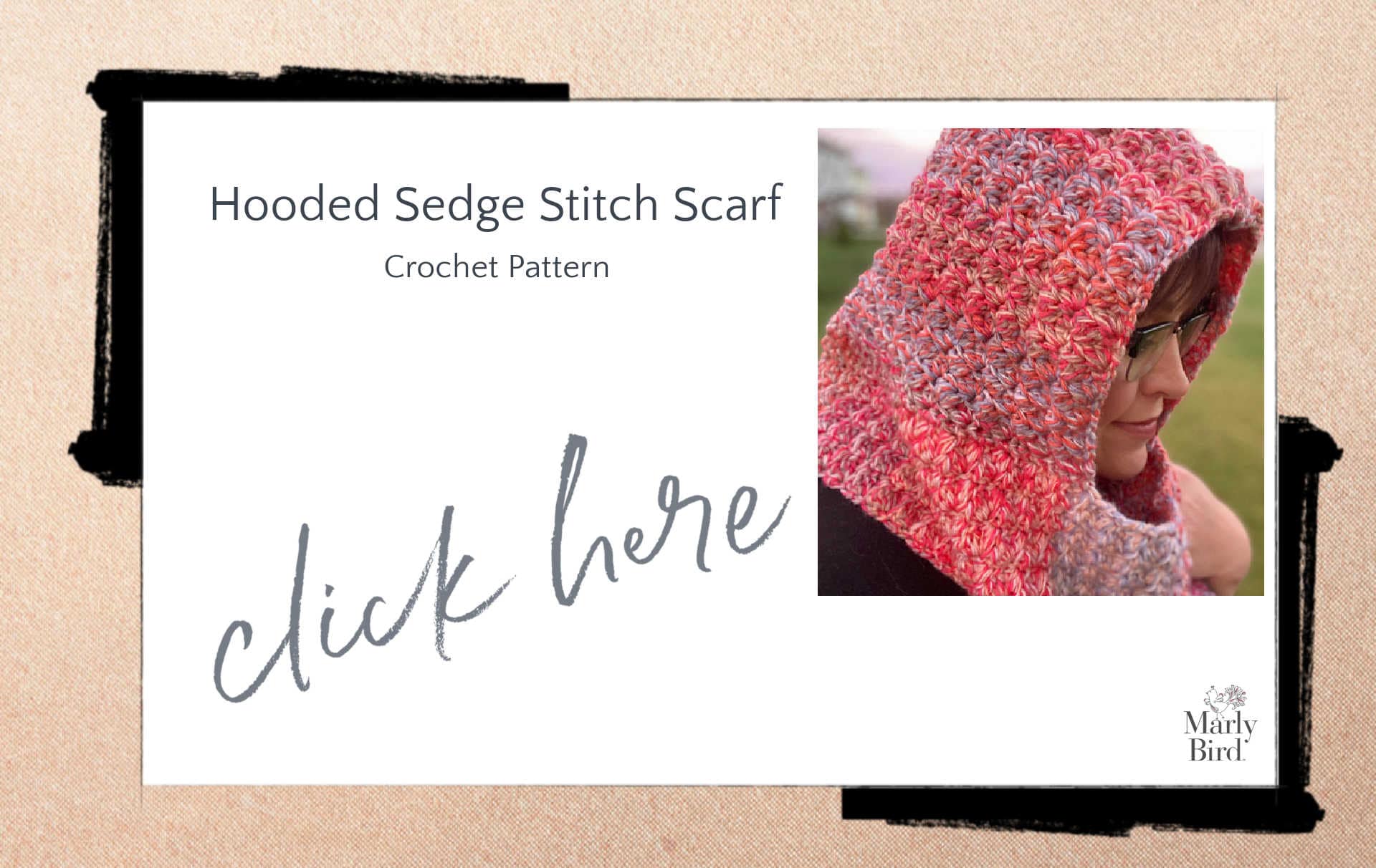 Person models a pink crocheted hooded scarf with sedge stitch texture