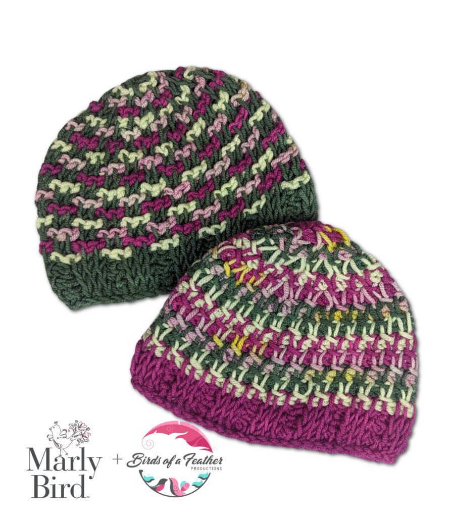 McCaslin Tunisian Crochet Hats - 2 hats - one in greys and purples, the other is pink with white, grey and variegated yarn. Triple Threat Tunisian Crochet. Marly Bird.