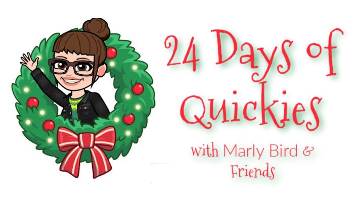 Cartoon graphic titled "24 days of quick crochet and knit gifts with Marly Bird & friends" showing a smiling cartoon woman inside a wreath, with a red bow at the bottom. -Marly Bird