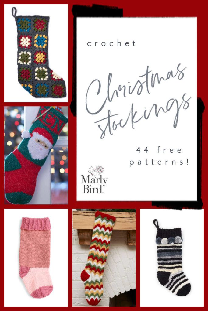 Collage of 5 Crochet Christmas Stockings Patterns: Granny squares, Santa Stocking, Stocking in 3 shades of pink, Striped Ripple Stitch Stocking (in white, red, green, gold yarn), Striped Stocking with pompoms (in black, white, and 2 shades of grey). 