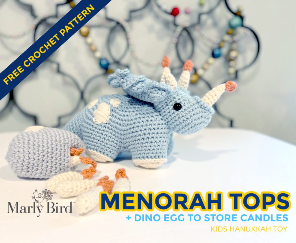 kids decor crochet menorah dinosaur triceratops free crochet pattern.  With dino egg to store crochet candles. Marly Bird
