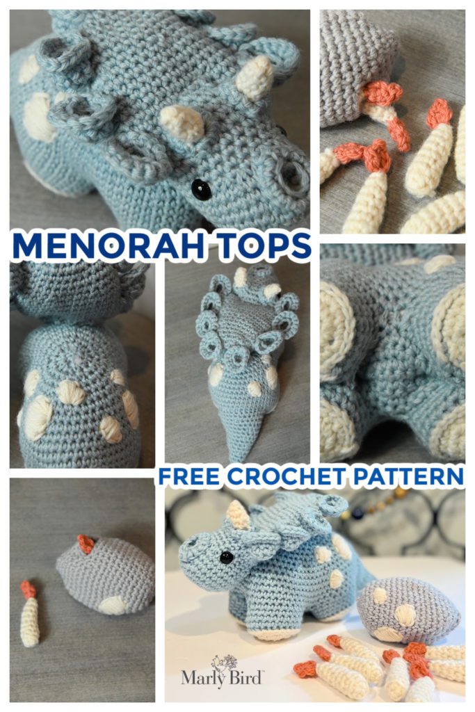 kids decor crochet menorah dinosaur triceratops free crochet pattern.  With dino egg to store crochet candles. Collage of all the parts of the stuffie