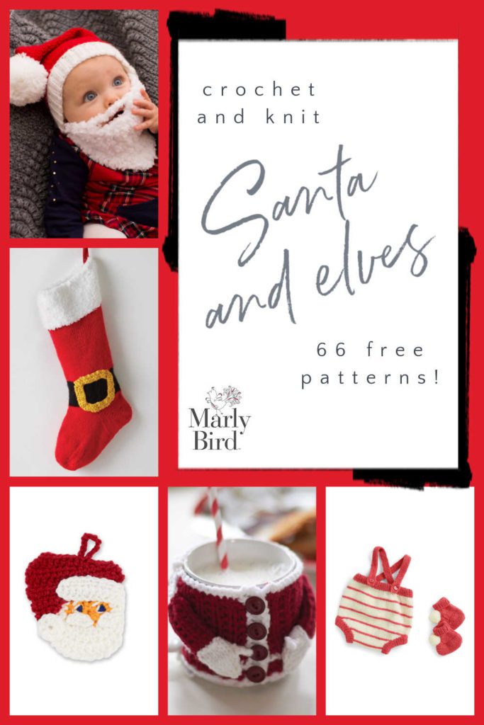 5 image collage of knit and crochet santa claus patterns with "santa and elves - 66 free patterns" text. Baby santa hat and beard, santa costume style Christmas stocking, Santa crochet ornament, Santa cup cozy (like santa costume), red and white strupe baby dungarees with red booties and white pompoms.
