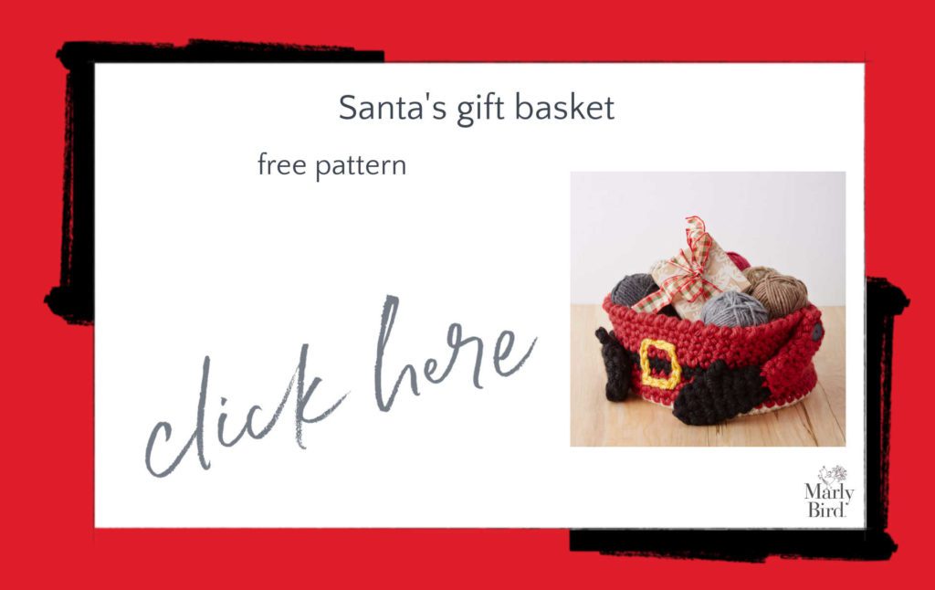Santa's Gift Basket Free Crochet Pattern - Santa's belly and arms crocheted into a basket, filled with yarn and gift card box wsith bow. knit and crochet Santa Claus patterns - Marly Bird