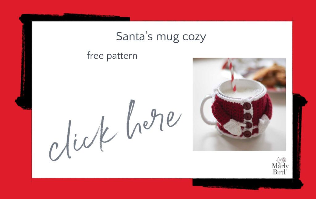 Santa's Mug Cozy Free Knitting Pattern - white mug surrounded by Santa's jacket and mittens, with buttons.