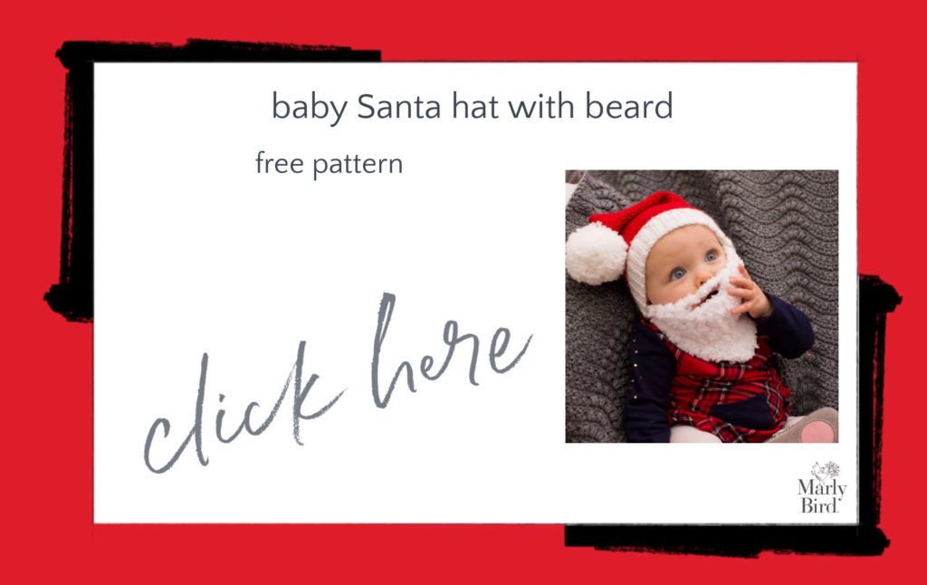 Baby Santa Hat with Beard Free Crochet Pattern - baby lying on grey crochet blanket, touchikng white beard on its face.