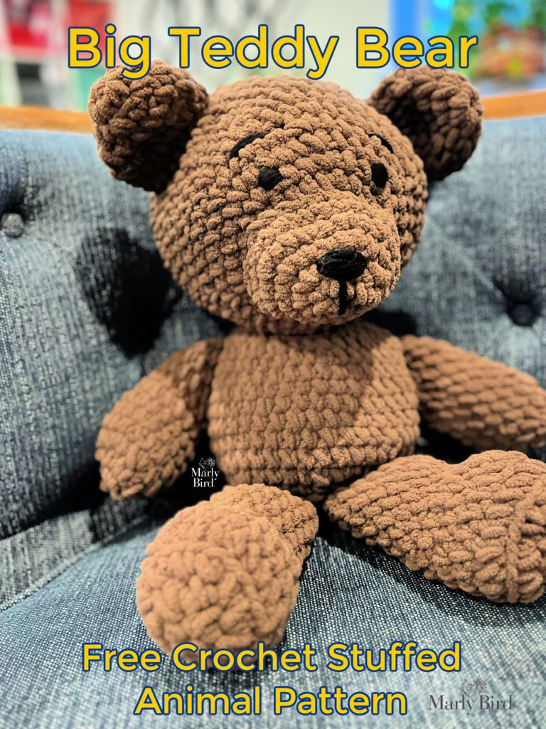 Picture of the Big Teddy Bear sitting on a chair. Free Crochet Stuffed Animal Pattern.