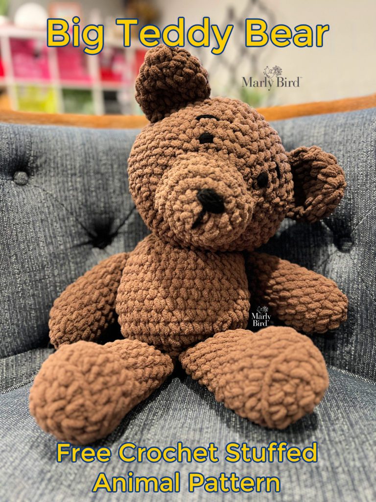 Picture of the Big Teddy Bear sitting on a chair. Free Crochet Stuffed Animal Pattern