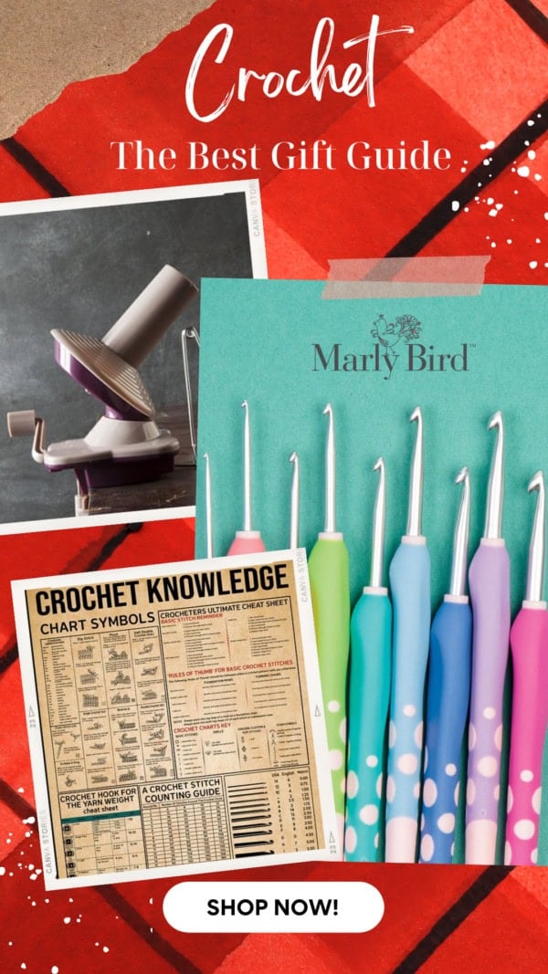 Gifts for crocheters -collage of yarn winder, ergonomic crochet hook set, and old crochet knowledge info sheet on red background. Marly Bird