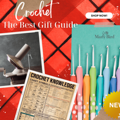 The Best Crochet Gifts - Marly Bird has perfected a list of the best gifts for crocheters. This image is of a ball winder, a crochet knowledge poster, and the new wecrochet Dot Hook Set. these images are on a background of red plaid fabric