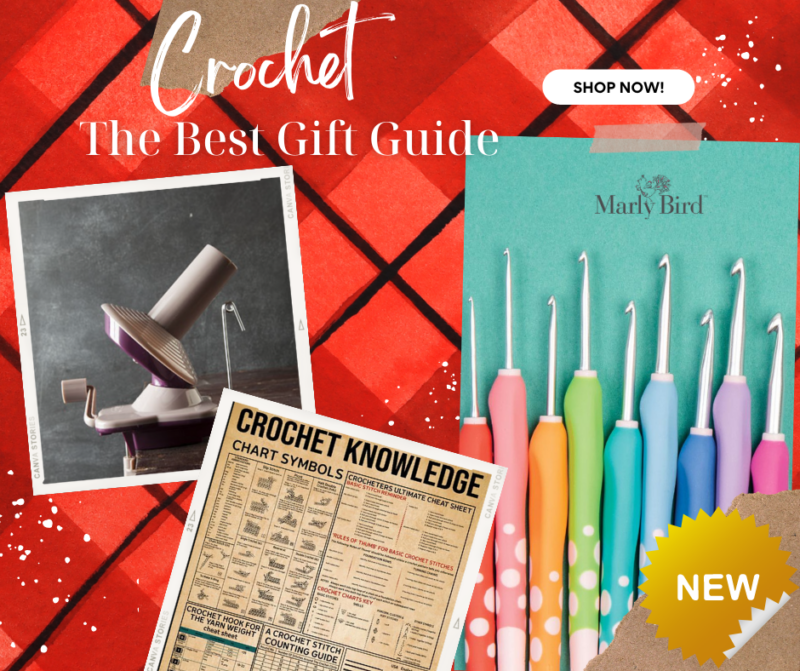 The Best Crochet Gifts - Marly Bird has perfected a list of the best gifts for crocheters. This image is of a ball winder, a crochet knowledge poster, and the new wecrochet Dot Hook Set. these images are on a background of red plaid fabric