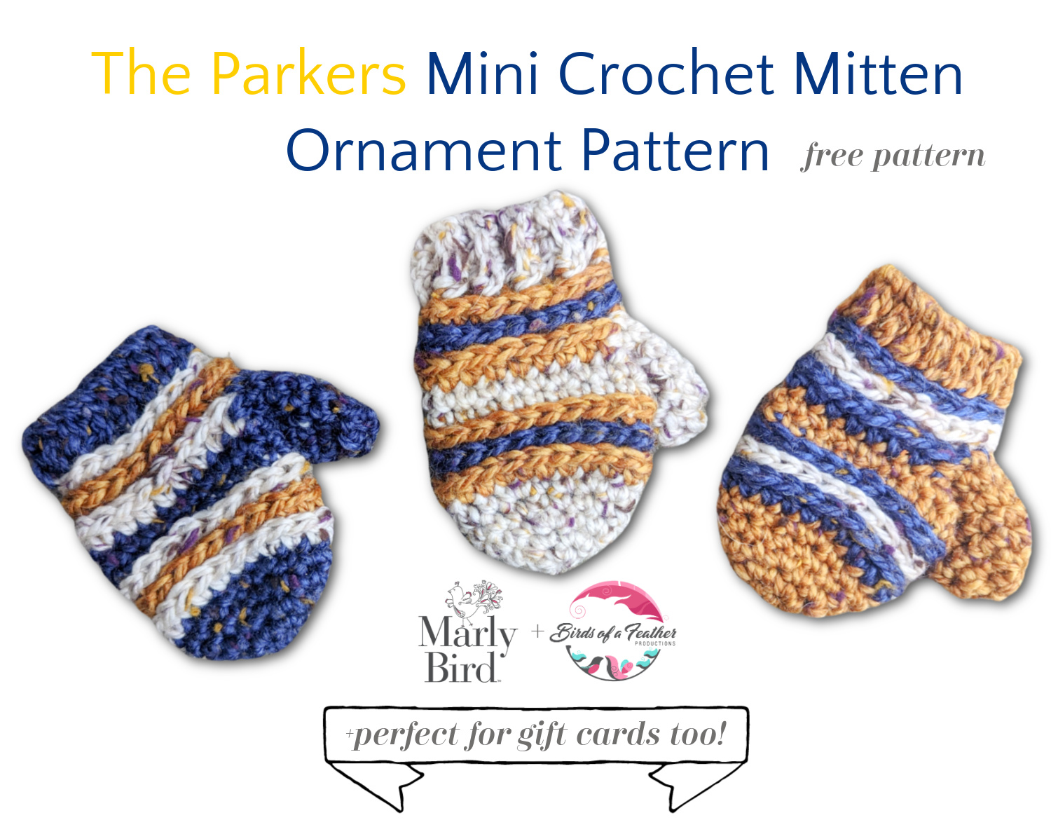 3 versions of the Mini Crochet Mitten Ornament in the same colors, but different color orders (white, tan, & blue). By Marly Bird