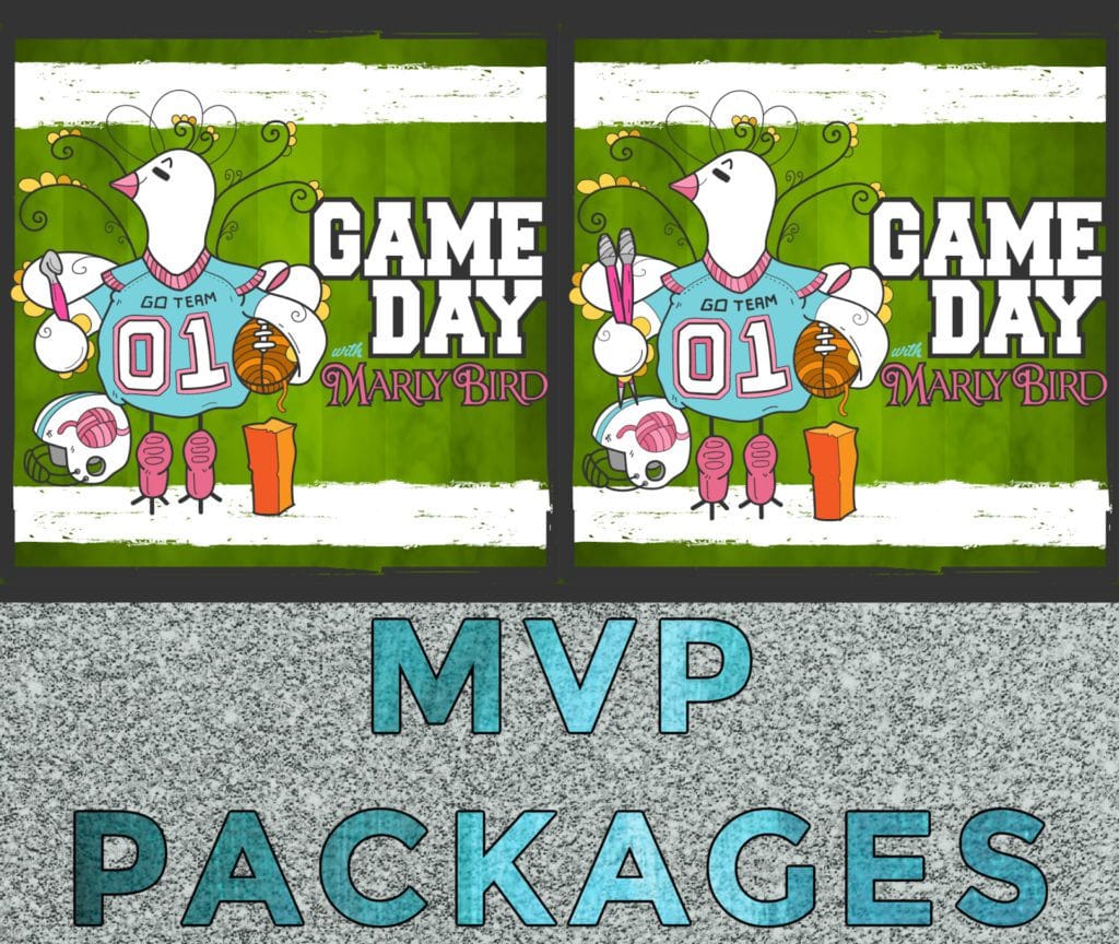 Promotional graphics for 'Game Day with Marly Bird' MVP Packages. The top half shows two nearly identical illustrations side by side, featuring a whimsical cartoon bird wearing a sports jersey with '01' and 'GO TEAM' text, surrounded by sports equipment like footballs, basketballs, and weights. The bird is knitting with needles that have flowers on top. The background is a vibrant green field with a faint white border pattern. Below the illustrations, the text 'MVP PACKAGES' is written in large, ice-blue letters on a textured gray background resembling asphalt.