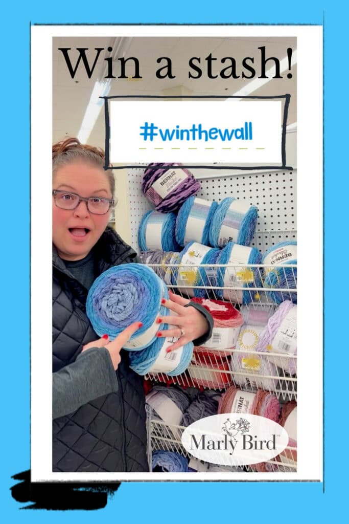 Marly Bird, surprised, pointing at a cake of blue Bernat Blanket yarn. Free yarn giveaway. Yarnspirations #WinTheWall.