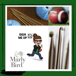 Knitting needles, crochet hooks, and football. Marly image running with a football