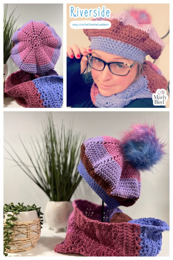 3 image collage of Riverside Easy Crochet bonnet. Same 3 images as before  in different layout. Larger image is side view of bonnet and cowl.